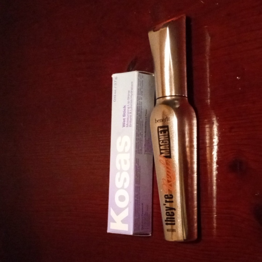 Kosas lip shine and Benefit They're Real magnet extreme lengthening mascara